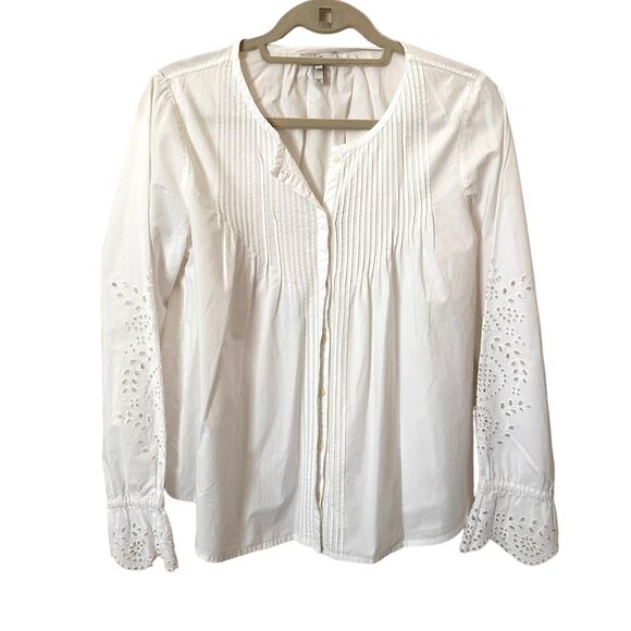 JOIE Kalyssa Pleated Eyelet Blouse White Sz Medium - Picture 2 of 6